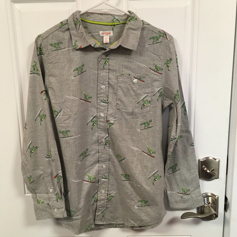 Boy’s Cat & Jack Gray Skiing Dinosaur Long Sleeve Button Down Shirt L (Husky)
